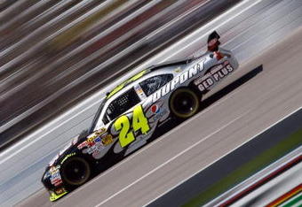 FORT WORTH, TX - APRIL 04: Jeff Gordon, driver of the #24 DuPont Chevrolet, drives during practice for the NASCAR Sprint Cup Series Samsung 500 at Texas Motor Speedway on April 4, 2009 in Fort Worth, Texas.  (Photo by Jonathan Ferrey/Getty Images)
