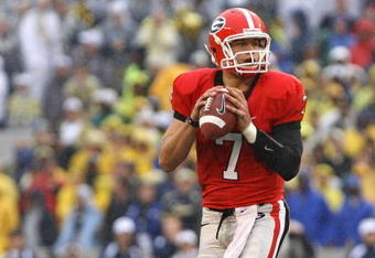 ATHENS, GA - NOVEMBER 29:  Quarterback Matthew Stafford #7 of the Georgia Bulldogs drops back to pass during the game against the Georgia Tech Yellow Jackets during the game at Sanford Stadium on November 29, 2008 in Athens, Georgia.  The Yellow Jackets beat the Bulldogs 45-42.  (Photo by Mike Zarrilli/Getty Images)