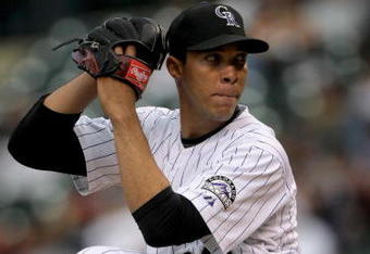 DENVER - MAY 16:  Starting pitcher Ubaldo Jimenez #38 of the Colorado Rockies delivers against the Minnesota Twins during Interleague MLB action at Coors Field on May 16, 2008 in Denver, Colorado. The Twins defeated the Rockies 4-2.  (Photo by Doug Pensinger/Getty Images)