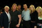NEW YORK - MARCH 9:  WWE wrestlers (L-R) Ric Flair, Triple H, Batista, Randy Orton, Stacy Kiebler & Miss Jackie attend the New York Knicks v Boston Celtics  NBA game March 9, 2004 at Madison Square Garden in New York City.   (Photo by Ray Amati/Getty Images)