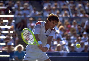 SEP 1991:  JIMMY CONNORS OF THE UNITED STATES PLAYS A TWO HANDED BACKHAND DURING A MATCH AT THE 1991 US OPEN PLAYED AT FLUSHING MEADOWS IN NEW YORK.