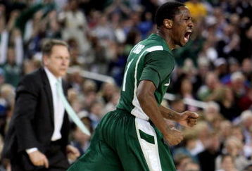 DETROIT - APRIL 04:  Kalin Lucas #1 of the Michigan State Spartans reacts after he made a lay up in the second half against the Connecticut Huskies during the National Semifinal game of the NCAA Division I Men's Basketball Championship at Ford Field on April 4, 2009 in Detroit, Michigan.  (Photo by Gregory Shamus/Getty Images)