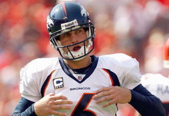 KANSAS CITY - SEPTEMBER 28:  Quarterback  Jay Cutler #6 of the Denver Broncos walks on the field during the game against the Kansas City Chiefs on September 28, 2008 at Arrowhead Stadium in Kansas City, Missouri. The Chiefs defeated the Broncos 33-19.  (Photo by: Jamie Squire/Getty Images)