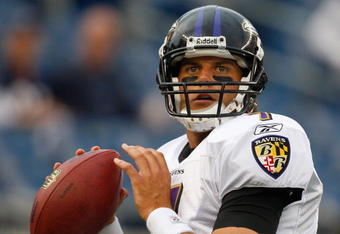 FOXBORO, MA - AUGUST 7:  Kyle Boller #7 of the Baltimore Ravens looks for an open man during the preseason game against the New England Patriots at Gillette Stadium on August 7, 2008 in Foxboro, Massachusetts. (Photo by Jim Rogash/Getty Images)