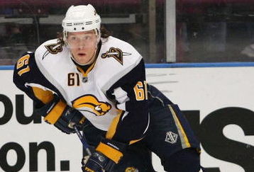 NEW YORK - MARCH 21:  Maxim Afinogenov #61 of the Buffalo Sabres skates against the New York Rangers during the game on March 21, 2009 at Madison Square Garden in New York City.  (Photo by Chris McGrath/Getty Images)