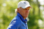 HUMBLE, TX - APRIL 02:  Greg Norman lines up a shot on the 12th hole during the first round of the Shell Houston Open at Redstone Golf Club April 2, 2009 in Humble, Texas.  (Photo by Chris Graythen/Getty Images)