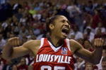 ST. LOUIS, MISSOURI. - APRIL 5: Angel McCoughtry #35 of the Louisville Cardinals celebrates blocking a shot against the Oklahoma Sooners during the NCAA Women's Final Four Semifinals at the Scottrade Center on April 5, 2009 in St. Louis, Missouri. (Dilip Vishwanat/Getty Images)