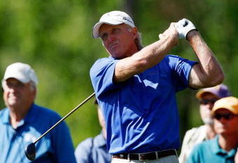 HUMBLE, TX - APRIL 02:  Greg Norman tees off on the 12th hole during the first round of the Shell Houston Open at Redstone Golf Club April 2, 2009 in Humble, Texas.  (Photo by Chris Graythen/Getty Images)