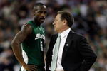 DETROIT - APRIL 04:  Head coach Tom Izzo of the Michigan State Spartans talks with Travis Walton #5 while taking on the Connecticut Huskies during the National Semifinal game of the NCAA Division I Men's Basketball Championship at Ford Field on April 4, 2009 in Detroit, Michigan.  (Photo by Andy Lyons/Getty Images)