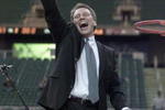 25 Mar 2001: Michigan State head coach Tom Izzo waves to fans after cutting down a net following his team's 69-62 victory over Temple during their NCAA South Region Final game at the Georgia Dome in Atlanta, Georgia.  <DIGITAL IMAGE> Mandatory Credit: Andy Lyons/ALLSPORT