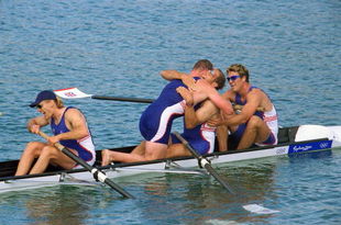 23 Sep 2000:  Tim Foster, Matthew Pinsent, Steve Redgrave and James Carcknell of Great Britain celebrate gold in the Men's Coxless Four Rowing Final at the Sydney International Regatta on Day Eight of the Sydney 2000 Olympic Games in Sydney, Australia. \Mandatory Credit: Mike Hewitt /Allsport