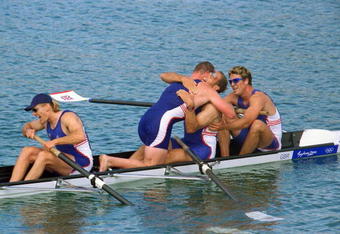 23 Sep 2000:  Tim Foster, Matthew Pinsent, Steve Redgrave and James Carcknell of Great Britain celebrate gold in the Men's Coxless Four Rowing Final at the Sydney International Regatta on Day Eight of the Sydney 2000 Olympic Games in Sydney, Australia. \Mandatory Credit: Mike Hewitt /Allsport