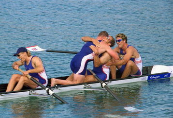 23 Sep 2000:  Tim Foster, Matthew Pinsent, Steve Redgrave and James Carcknell of Great Britain celebrate gold in the Men's Coxless Four Rowing Final at the Sydney International Regatta on Day Eight of the Sydney 2000 Olympic Games in Sydney, Australia. \Mandatory Credit: Mike Hewitt /Allsport