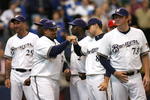 MILWAUKEE - OCTOBER 04:  Prince Fielder #28 of the Milwaukee Brewers greets Ryan Braun #8 during player introductions against the Philadelphia Phillies in Game three of the NLDS during the 2008 MLB playoffs at Miller Park on October 4, 2008 in Milwaukee, Wisconsin.  (Photo by Jim McIsaac/Getty Images)