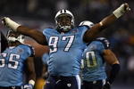 NASHVILLE, TN - JANUARY 10:  Tackle Tony Brown #97 of the Tennessee Titans reacts in the second half against the Baltimore Ravens during the AFC Divisional Playoff Game on January 10, 2009 at LP Field in Nashville, Tennessee.  (Photo by Jonathan Daniel/Getty Images)