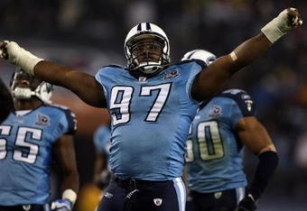 NASHVILLE, TN - JANUARY 10:  Tackle Tony Brown #97 of the Tennessee Titans reacts in the second half against the Baltimore Ravens during the AFC Divisional Playoff Game on January 10, 2009 at LP Field in Nashville, Tennessee.  (Photo by Jonathan Daniel/Getty Images)