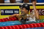 OMAHA, NE - JULY 05:  Dara Torres celebrates winning the semifinal of the 50 meter freestyle and setting a new American record of 24.38 during the U.S. Swimming Olympic Trials on July 5, 2008 at the Qwest Center in Omaha, Nebraska.  (Photo by Donald Miralle/Getty Images)