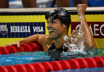 OMAHA, NE - JULY 05:  Dara Torres celebrates winning the semifinal of the 50 meter freestyle and setting a new American record of 24.38 during the U.S. Swimming Olympic Trials on July 5, 2008 at the Qwest Center in Omaha, Nebraska.  (Photo by Donald Miralle/Getty Images)