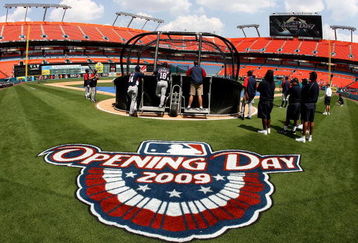 MIAMI - APRIL 06:  The opening day sign is uncovered while the Washington Nationals finish batting practice prior to taking on the Florida Marlins on opening day at Dolphin Stadium on April 6, 2009 in Miami, Florida.  (Photo by Doug Benc/Getty Images)
