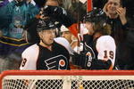 PHILADELPHIA - MARCH 10:  Claude Giroux #28 of the Philadelphia Flyers celebrates the goal of teammate Scott Hartnell #18 against the Buffalo Sabres at the Wachovia Center March 10, 2009 in Philadelphia, Pennsylvania.  (Photo by Nick Laham/Getty Images)