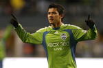 SEATTLE - MARCH 28:  Fredy Montero #17 of the Seattle Sounders reacts after scoring the second Sounders goal during their MLS match against Real Salt Lake on March 28, 2009 at Qwest Field in Seattle, Washington. The Sounders defeated RSL 2-0. (Photo by Otto Greule Jr/Getty Images)