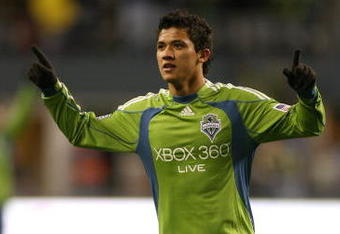 SEATTLE - MARCH 28:  Fredy Montero #17 of the Seattle Sounders reacts after scoring the second Sounders goal during their MLS match against Real Salt Lake on March 28, 2009 at Qwest Field in Seattle, Washington. The Sounders defeated RSL 2-0. (Photo by Otto Greule Jr/Getty Images)