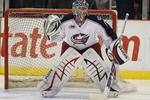 DETROIT, MI - MARCH 7:  Steve Mason #1 of the Columbus Blue Jackets faces some shots in the warm-up prior to a game against the Detroit Red Wings on March 7, 2009 at Joe Louis Arena in Detroit, Michigan. (Photo by Claus Andersen/Getty Images)