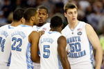 DETROIT - APRIL 04:  (R-L) Tyler Hansbrough #50, Ty Lawson #5, Deon Thompson #21, Wayne Ellington #22 and Danny Green #14 of the North Carolina Tar Heels huddle while taking on the Villanova Wildcats during the National Semifinal game of the NCAA Division I Men's Basketball Championship at Ford Field on April 4, 2009 in Detroit, Michigan.  (Photo by Streeter Lecka/Getty Images)