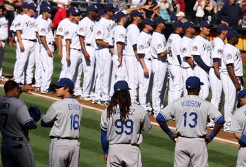 SAN DIEGO - APRIL 6:    The Los Angeles Dodgers and the San Diego Padres stand on the baselines during openng day pregame ceremonies on April 6, 2009 at Petco Park in San Diego, California.   (Photo by Stephen Dunn/Getty Images)