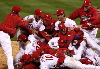 PHILADELPHIA - OCTOBER 29:  The Philadelphia Phillies celebrate their 4-3 win against the Tampa Bay Rays during the continuation of game five of the 2008 MLB World Series on October 29, 2008 at Citizens Bank Park in Philadelphia, Pennsylvania.  (Photo by Jim McIsaac/Getty Images)
