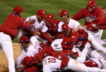 PHILADELPHIA - OCTOBER 29:  The Philadelphia Phillies celebrate their 4-3 win against the Tampa Bay Rays during the continuation of game five of the 2008 MLB World Series on October 29, 2008 at Citizens Bank Park in Philadelphia, Pennsylvania.  (Photo by Jim McIsaac/Getty Images)
