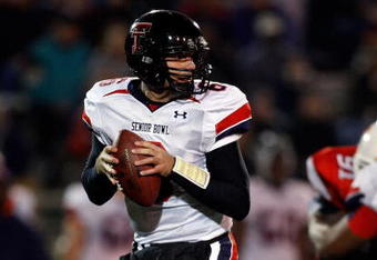 MOBILE, AL - JANUARY 24:  Graham Harrell #6 of North Team drops back against the South Team during the Under Armour Senior Bowl on January 24, 2009 at Ladd-Peebles Stadium in Mobile, Alabama.  (Photo by Chris Graythen/Getty Images for Under Armour)