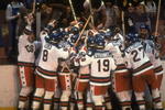 Feb 1980:  The USA Team celebrate their win against Russia after the final in the Ice Hockey event at the 1980 Winter Olympic Games in Lake Placid, USA. The USA won the gold medal and Russia the silver medal in this event.. \ Mandatory Credit: Steve  Powell/Allsport