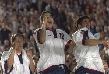 31 Mar 1997:   Players Josh Pastner, John Ash and Jason Lee (L-R) of the Arizona Wildcats cheer on teammates during the NCAA Championship game against the Kentucky Wildcats at the RCA Dome in Indianapolis, Indiana.  Arizona won the game 84 - 79. Mandatory