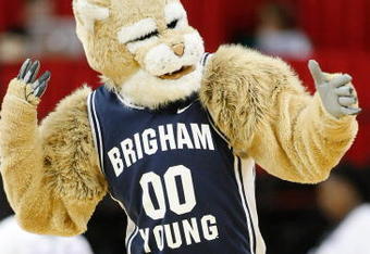 LAS VEGAS - MARCH 12:  Brigham Young University Cougars mascot 'Cosmo the Cougar' performs during a game against the Air Force Falcons during a quarterfinal game of the Conoco Mountain West Conference Basketball Championships at the Thomas & Mack Center March 12, 2009 in Las Vegas, Nevada. The Cougars won 80-69.  (Photo by Ethan Miller/Getty Images)