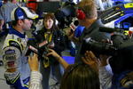 FORT WORTH, TX - APRIL 15:  Jimmie Johnson, driver of the #48 Lowe's Chevrolet, speaks with members of the media after crashing during the NASCAR Nextel Cup Series Samsung 500 at Texas Motor Speedway on April 15, 2007 in Fort Worth, Texas.  (Photo by Rusty Jarrett/Getty Images for NASCAR)