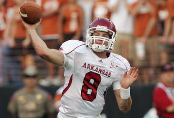 AUSTIN, TX - SEPTEMBER 27:  Quarterback Tyler Wilson #8 of the Arkansas Razorbacks passes the ball during the game against the Texas Longhorns on September 27, 2008 at Darrell K Royal-Texas Memorial Stadium in Austin, Texas.  Texas won 52-10.  (Photo by Brian Bahr/Getty Images)