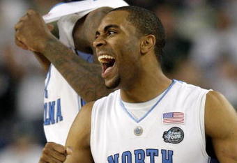 DETROIT - APRIL 06:  Wayne Ellington #22 and Deon Thompson #21 of the North Carolina Tar Heels celebrate in the final minute of their 89-72 win against the Michigan State Spartans during the 2009 NCAA Division I Men's Basketball National Championship game at Ford Field on April 6, 2009 in Detroit, Michigan.  (Photo by Andy Lyons/Getty Images)