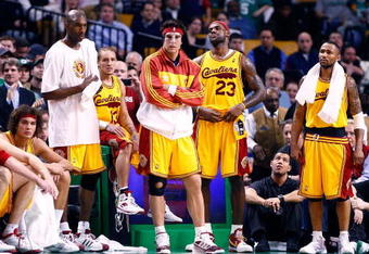 BOSTON, MA - MARCH 6: LeBron James #23 of the Cleveland Cavaliers his teammates watch the final moments of a game from the bench against the Boston Celtics at the TD Banknorth Garden on March 6, 2009 in Boston, Massachusetts. The Celtics won 105-94. NOTE TO USER: User expressly acknowledges and agrees that, by downloading and/or using this Photograph, user is consenting to the terms and conditions of the Getty Images License Agreement. (Photo by Jim Rogash/Getty Images)