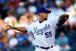 KANSAS CITY, MO - JUNE 10:  Starting pitcher Gil Meche #55 of the Kansas City Royals pitches during the game against the Texas Rangers at Kauffman Stadium June 10, 2008 in Kansas City, Missouri.  (Photo by Jamie Squire/Getty Images)