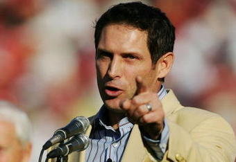 SAN FRANCISCO - NOVEMBER 20:  Steve Young speaks to the crowd as the 49ers celebrate his induction into the Hall of Fame at halftime during the NFL game between the San Francisco 49ers and the Seattle Seahawks on November 20, 2005 at Monster Park in San Francisco, California.  (Photo by Jed Jacobsohn/Getty Images)