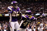 NEW ORLEANS - OCTOBER 06:  Antoine Winfield #26 and Charles Gordon #41 of the Minnesota Vikings celebrate after breaking up a touchdown pass against the New Orleans Saints on October 6, 2008 at the Superdome in New Orleans, Louisiana.  (Photo by Chris Graythen/Getty Images)