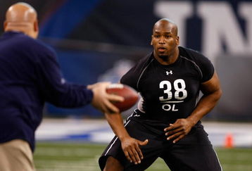 INDIANAPOLIS, IN - FEBRUARY 21:  Offensive lineman Eugene Monroe of Virginia participates in practice drills during the NFL Scouting Combine presented by Under Armour at Lucas Oil Stadium on February 21, 2009 in Indianapolis, Indiana. (Photo by Scott Boehm/Getty Images)