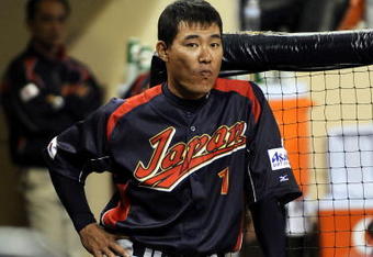 SAN DIEGO - MARCH 17: Kosuke Fukudome #1 of Japan stands in the dugout after being three runs down to Korea during the 2009 World Baseball Classic Round 2 Pool 1 Game 4 on March 17, 2009 at Petco Park in San Diego, California. Korea defeats Japan 4-1. (Photo by Kevork Djansezian/Getty Images)