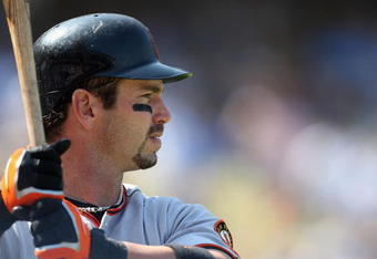 LOS ANGELES, CA - SEPTEMBER 21:   Aaron Rowand #33 of the San Francisco Giants waits on deck during the game against the Los Angeles Dodgers at Dodger Stadium on September 21, 2008 in Los Angeles, California.  The Giants defeated the Dodgers in 11 innings.  (Photo by Lisa Blumenfeld/Getty Images)