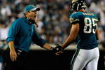 JACKSONVILLE, FL - DECEMBER 18:  Head coach Jack Del Rio of the Jacksonville Jaguars celebrates a touchdown with Richard Angulo #85 during the game against the Indianapolis Colts at Jacksonville Municipal Stadium on December 18, 2008 in Jacksonville, Florida.  (Photo by Sam Greenwood/Getty Images)