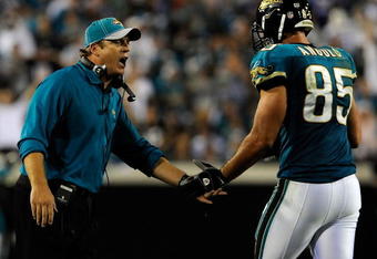 JACKSONVILLE, FL - DECEMBER 18:  Head coach Jack Del Rio of the Jacksonville Jaguars celebrates a touchdown with Richard Angulo #85 during the game against the Indianapolis Colts at Jacksonville Municipal Stadium on December 18, 2008 in Jacksonville, Florida.  (Photo by Sam Greenwood/Getty Images)