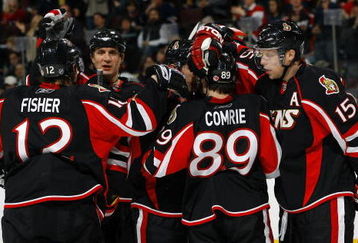 OTTAWA - MARCH 5:  Mike Fisher #12, Filip Kuba #17, Chris Campoli #14, Mike Comrie #89 and Dany Heatley #15 of the Ottawa Senators celebrate a goal against the Edmonton Oilers during a game on March 5, 2009 at the Scotiabank Place in Ottawa, Canada. (Photo by Phillip MacCallum/Getty Images)