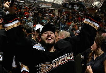 ANAHEIM, CA - JUNE 06:  Ryan Shannon #38 of the Anaheim Ducks celebrates lifting the Stanley Cup after defeating the Ottawa Senators in Game Five of the 2007 Stanley Cup finals on June 6, 2007 at Honda Center in Anaheim, California. The Ducks defeated the Senators 6-2 to win the Stanley Cup Finals 4 games to 1.  (Photo by Dave Sandford/Getty Images)