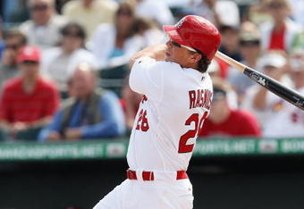 JUPITER, FL - FEBRUARY 25:  Colby Rasmus #28 of the St. Louis Cardinals bats against the Florida Marlins during a spring training game at Roger Dean Stadium on February 25, 2009 in Jupiter, Florida. The Marlins and the Mets played to a 5-5 tie in 10 innings.  (Photo by Doug Benc/Getty Images)